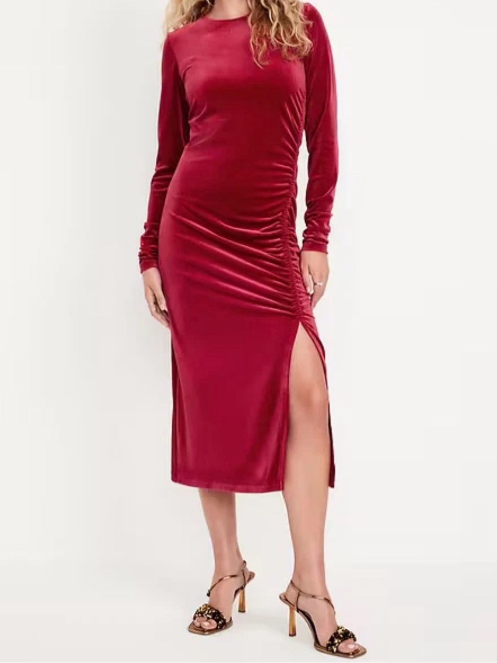 Old Navy Ruched Velvet Midi dress BodyCon Red Small Winter Party Holiday